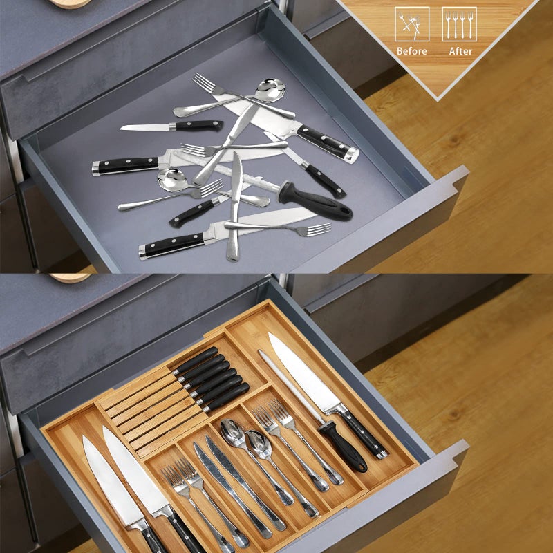 VaeFae Bamboo Silverware Drawer Organizer Kitchen, Expandable Utensil Organizer with Knife Block, Cutlery Tray with Divider, Multifunctional Drawer Organizer - Image 5